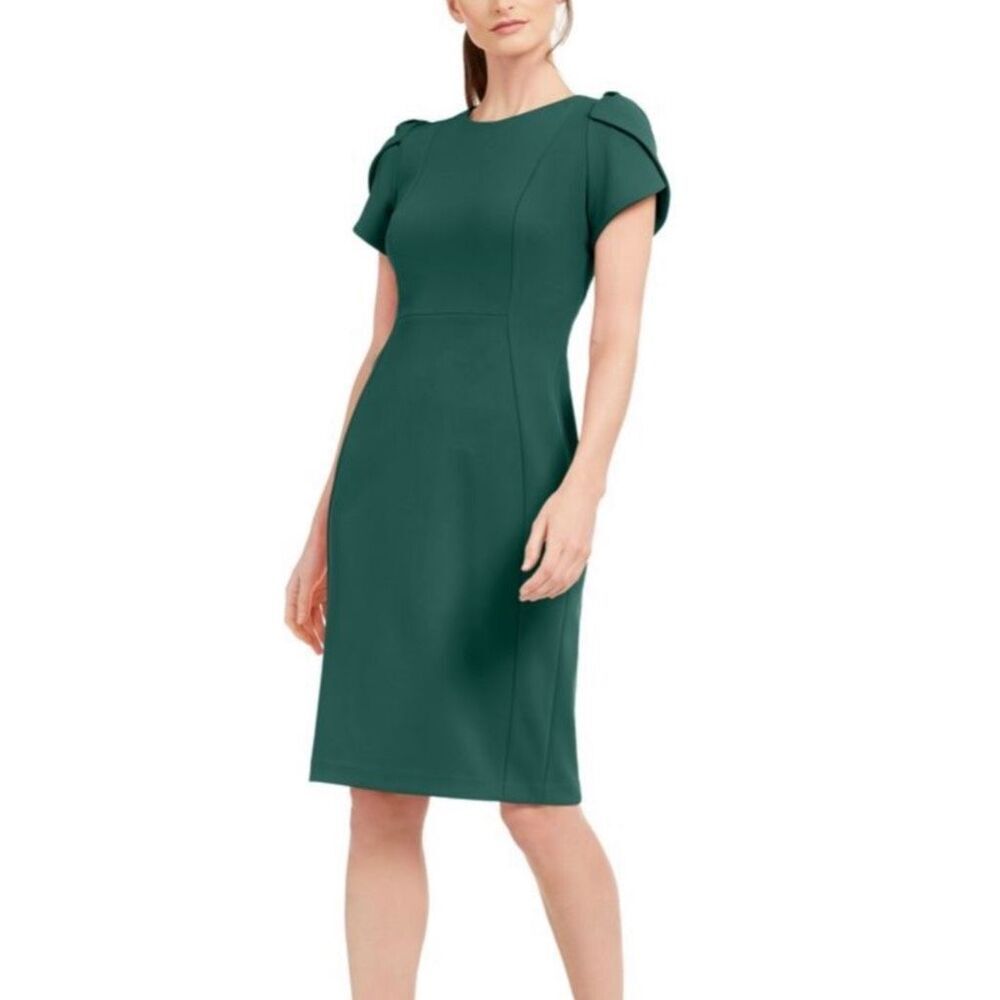 Calvin Klein Tulip Sleeve Sheath Dress Midi Knee Length Green Gold Zip Size 12